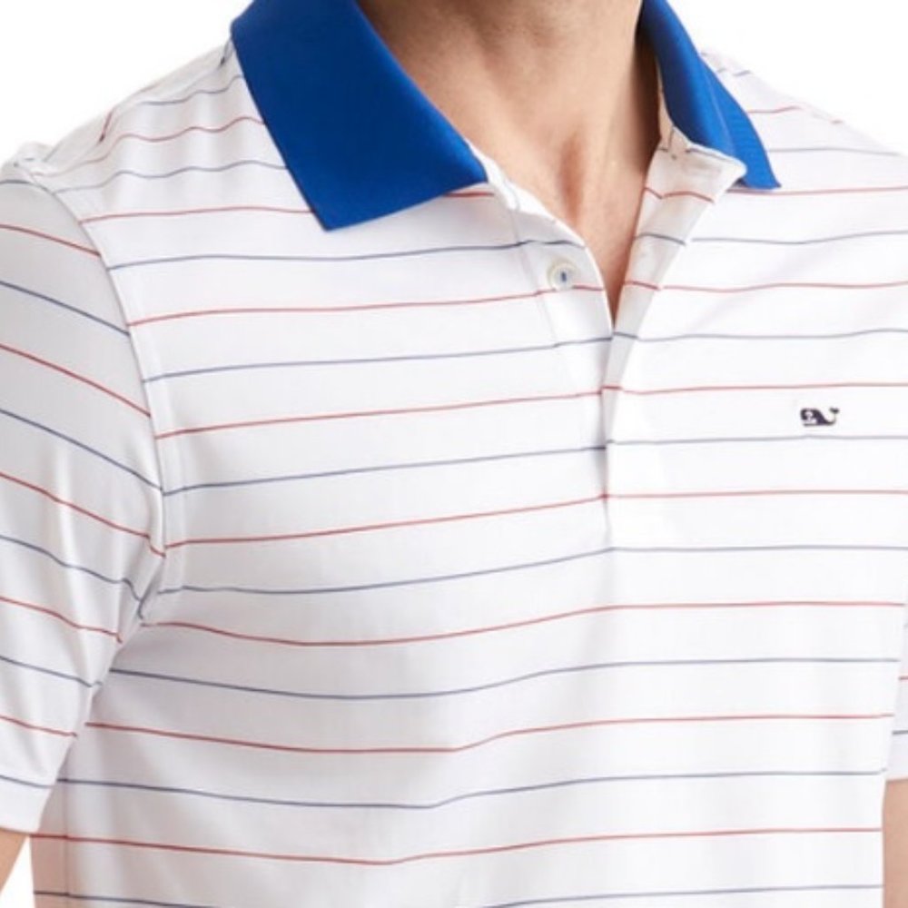 VINEYARD VINES Red-White-Blue Stripe Performance Whale Polo Golf Shirt